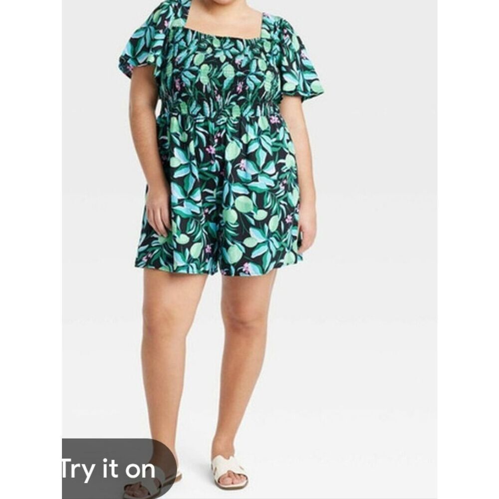 Ava & Viv 2X Floral Romper Flutter Sleeves Tube Top Pockets